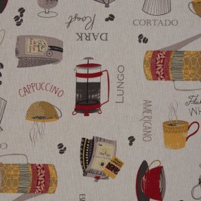 Bomuldsstof med kaffe og tepotter